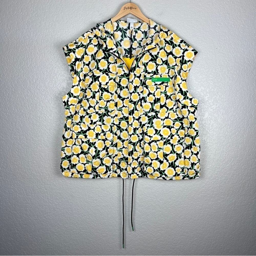DVF Packable Yellow Poppy NWT Hooded Vest XXL Floral Short Sleeve Hood Dopamine - Picture 3 of 16